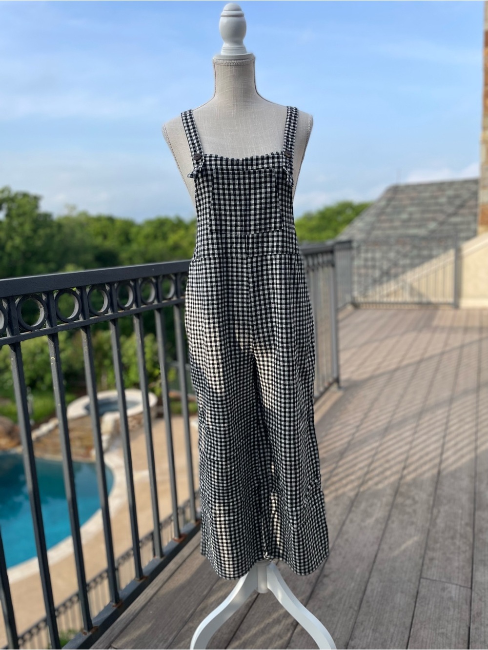Polagram Black and White Gingham Square-Neck Jumpsuit Overalls Size M